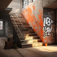 The decaying concrete stairs in an abandoned building, adorned with colorful graffiti, invite...