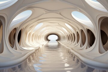 Surreal abstract tunnel with floating geometric shapes and a dreamlike atmosphere, Generative AI