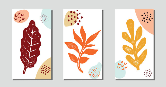 Set of botanical autumn leaves on abstract backgrounds for cover design