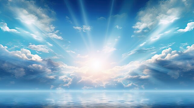 Peaceful heavenly background - light from heaven, bright sunlight with reflection in sea