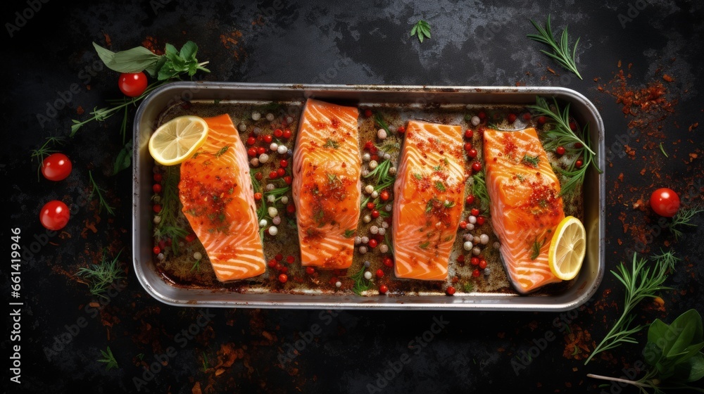 Poster pieces of salmon fillet with spices in a metal baking dish. seafood. top view. free space for text.