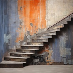 A rustic wooden staircase leads to a wall adorned with a vibrant abstract painting, bridging the gap between the indoor and outdoor elements of the building through its mix of concrete and wood steps