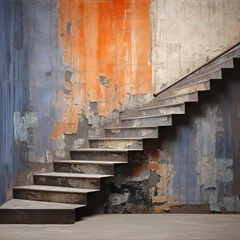 Fotobehang Helix Bridge A rustic wooden staircase leads to a wall adorned with a vibrant abstract painting, bridging the gap between the indoor and outdoor elements of the building through its mix of concrete and wood steps