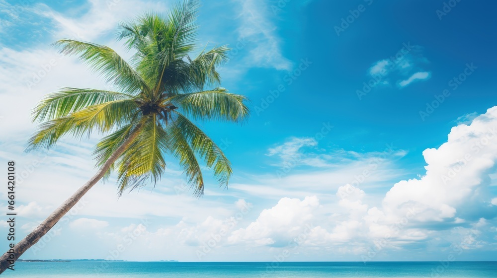 Aufkleber palm tree on tropical beach with blue sky and white clouds abstract background. copy space of summer