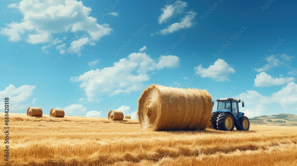 Poster huge tractor collecting haystack in the field in a nice blue sunny day