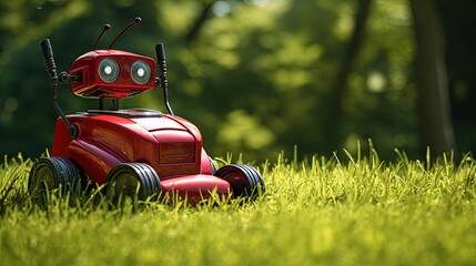 Lawn mower red robot on green cut grass on sunny day in a park