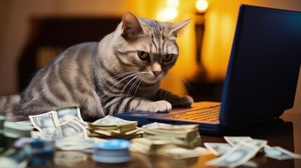 A gray cat works on a laptop, looks at the monitor. Paws on the keyboard, next to a credit card and dry cat food. The cat orders food online. Online shopping, work from home and freelance concept.