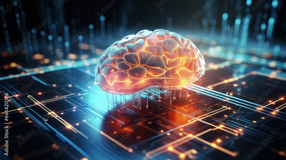 Poster Artificial intelligence, AI, cyber brain. Digital mind 3D illustration. Neural connections and data analysis network structure