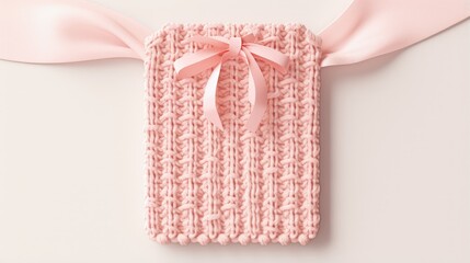Rectangle hangtag mockup for design presentation on handmade knitted product, logo label template, soft baby blanket with pink ribbon.