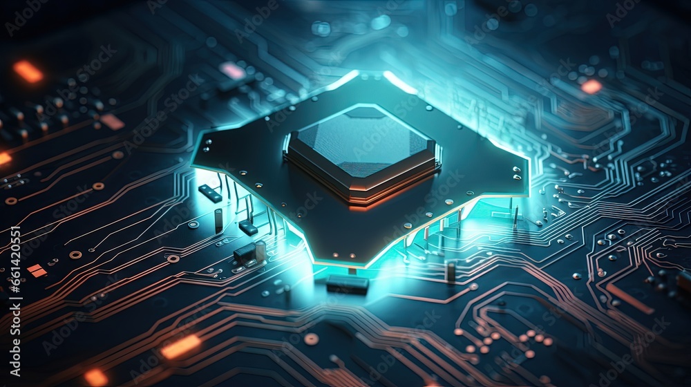Poster circuit board and shield icon,Hardware security, computer data protection and electronic technology concept,