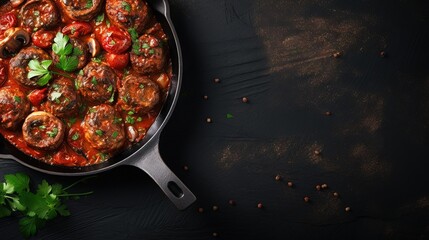 Meatballs with mushrooms in tomato sauce in a frying pan at light stone table. Top view with copy space. - obrazy, fototapety, plakaty