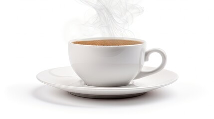 White coffee cup on plate with smoke isolated on white background.