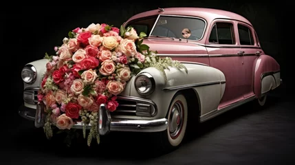 Poster Wedding bouquet on vintage wedding car © HN Works