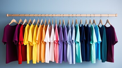 row of many fresh new fabric cotton t-shirts in colorful rainbow colors hangng on clothes rail in wrdrobe. Various colored shirts on blue white background. diy printing fashion concept.