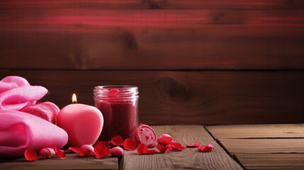 Obraz na płótnie Canvas Beautiful composition for Valentine's Day with spa supplies on wooden background