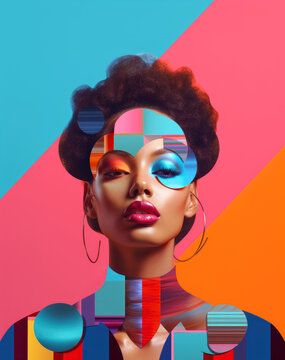 Fashionable African American woman with colorful geometric face graphics. Multi-layered collage retro background. Ai generated image