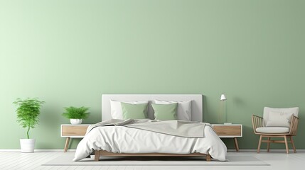Empty light green wall in modern bedroom. Mock up interior in contemporary style. Free, copy space for your picture, text, or another design. Bed, armchair, plants. 3D rendering
