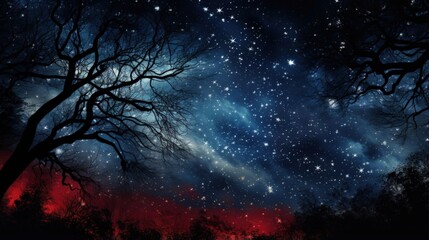 Obraz premium Illustration of the starry night sky above dark tree silhouettes