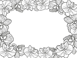 Orchid tropical flower wreath banner. Vector line art hand drawn illustration for design of card or invite, logo, coloring page