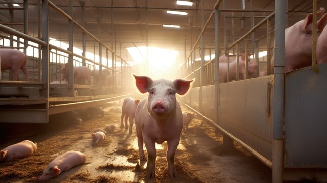 Farm for pig breeding is equipped with a hopper for feeding - Powered by Adobe