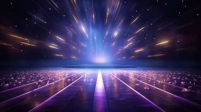 Blue Purple Golden Stage Spotlights Awards Graphics Background Celebration. Red Carpet Entry Show. Entertainment Hollywood Bollywood Template Design. Awards Background Theater Drama LED Floor.