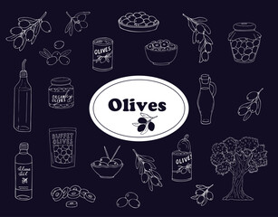 Hand-drawn Olive production set. Collection of hand-drawn various olive tree, fruits, oil bottles and jars, sliced olives in a jar, and canned olives isolated illustration on blue background