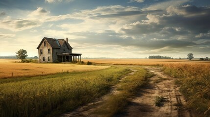 A lonely abandoned house in a field. Abandoned farm house. Abandoned farm house in field. Farmland with abandoned farm house