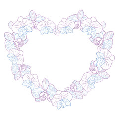 Orchid tropical flower hearts wreath. Vector line art hand drawn illustration for design of card or invite, logo, coloring page