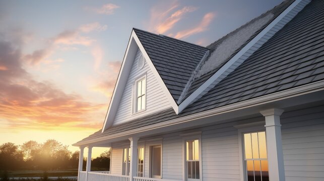 White frame gutter guard system, with gray horizontal and vertical vinyl siding fascia, drip edge, soffit, on a pitched roof attic at a luxury American single family home dramatic sunset sky