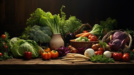 Homegrown vegetables and greens on the table: organic food background
