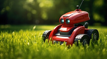 Lawn mower red robot on green cut grass on sunny day in a park - obrazy, fototapety, plakaty