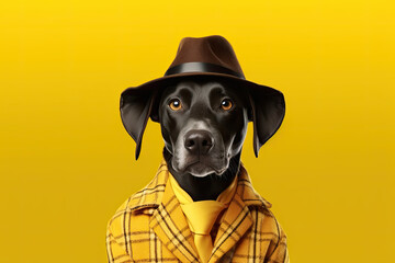 Petfluencers - The Dog's Great Aspiration: Aiming to Master the Craft of Detection, Inspired by Sherlock Holmes on Yellow Background - obrazy, fototapety, plakaty