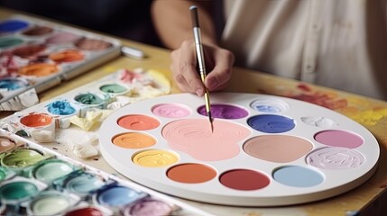 Artist painting palette with pastel acrilic colors. Craft hobby background. Recomforting, destressing hobby, art therapy