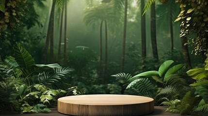 Wood pedestal in tropical forest for product presentation and green wall.3D rendering