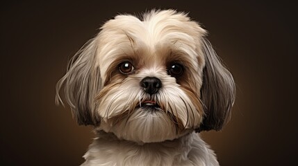close short-haired shihtzu dog with beige coat on brown background. front view. pet. grooming shihtzu. look of dogs - obrazy, fototapety, plakaty