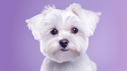 close short-haired dog of the Maltese breed with white coat on a lilac background. front view. pet. grooming