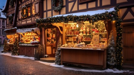 Colmar, Alsace. Marche de Noel is famous alsacian Christmas Market with gingerbread houses and local craftsmen, beautiful Europe. - obrazy, fototapety, plakaty