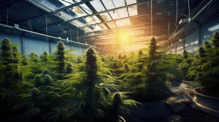A bay of mature cannabis plants ready for harvest in a greenhouse - obrazy, fototapety, plakaty