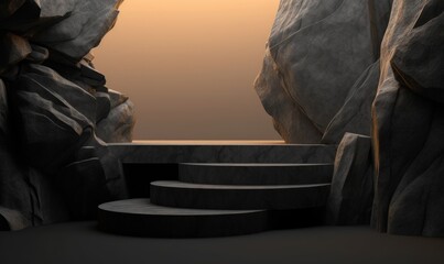 Fototapeta premium Black geometric Stone and Rock shape background, minimalist mockup for podium display or showcase, Generative AI