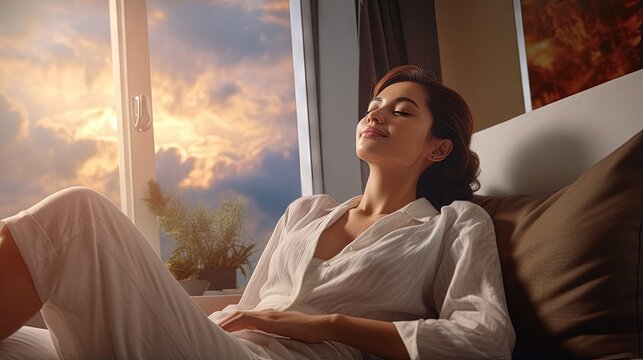 Work and travel lifestyle relaxation and healthy work-life balance with young freelancer Asian working woman take it easy happily resting in comfort luxurious hotel guest room with peace of mind