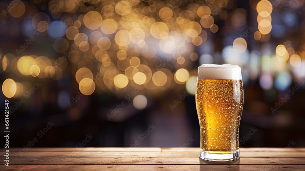 Aufkleber glass of chilled beer on table and blurred sparkling bar background.