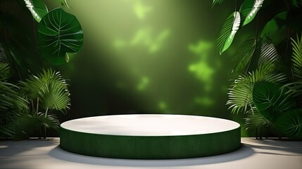 Fototapeta na wymiar 3D stone green podium or rock dais stage and nature green leaves. elegant green podium mock-up stand product scene green nature background. 3d podium stage illustration render tropical style.