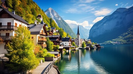 Hallstatt is a little village with a postcard view of the lake.  - obrazy, fototapety, plakaty