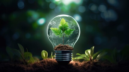 Sustainable or renewable green energy concept illustrated with a tree seedling grow and lit a led bulb as fruit. Mixed media. 3d Rendering and Photo.
