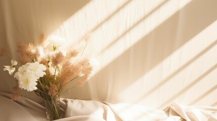 Floral sunlight shadows on neutral beige cloth,aesthetic minimalist natural background, copy space