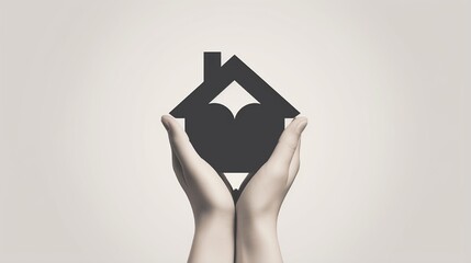 For web, mobile, and infographics, hands holding a house symbol with a heart shape line icon. Icon in dark grey isolated on a light grey background.