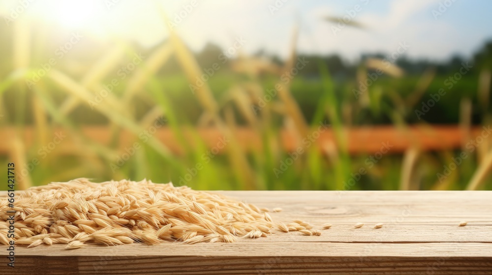 Leinwandbilder wooden table top on blur rice field background in daytime.harvest rice or whole wheat.for montage pr