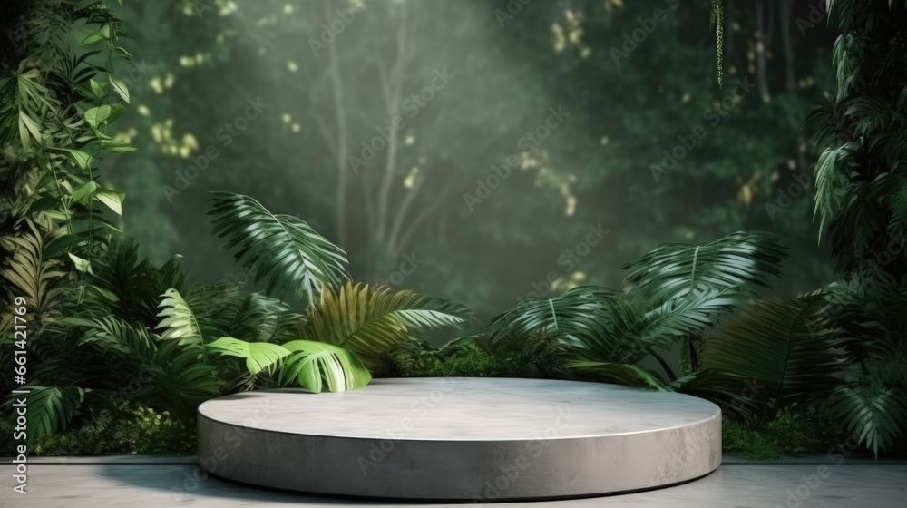 Aufkleber concrete podium in tropical forest for product presentation and green wall.3d rendering