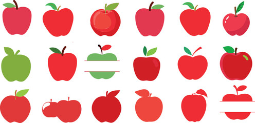 Apple vector illustration set, perfect for web design, graphic design. Showcasing modern, trendy styles in red, green colors. Includes whole apples, bitten apples, and apple cores