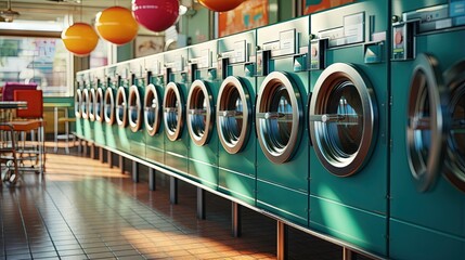 Row of washing machine of laundry business in the public store. - obrazy, fototapety, plakaty